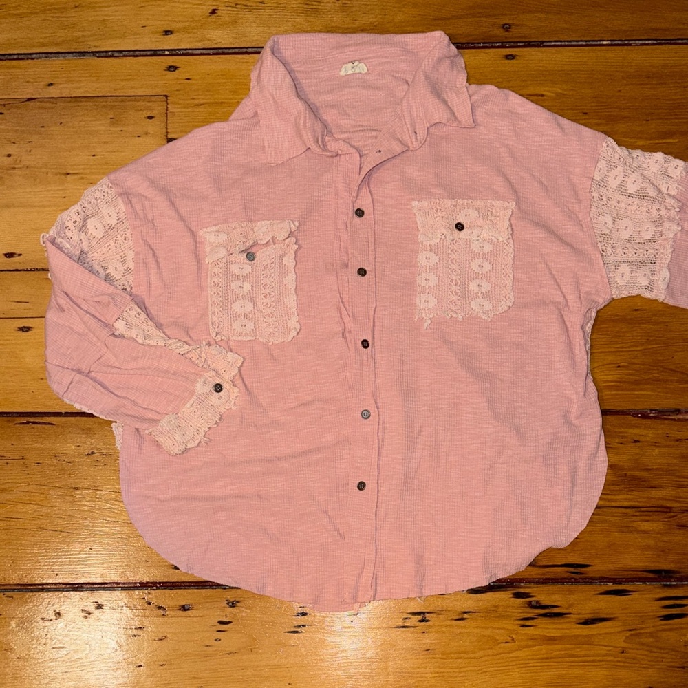 POL Pink Lace-Trim Button-Up Cardigan Sweater